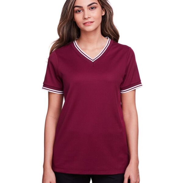 Women's CrownLux Performance® Plaited Tipped V-Neck Shirt Thumbnail